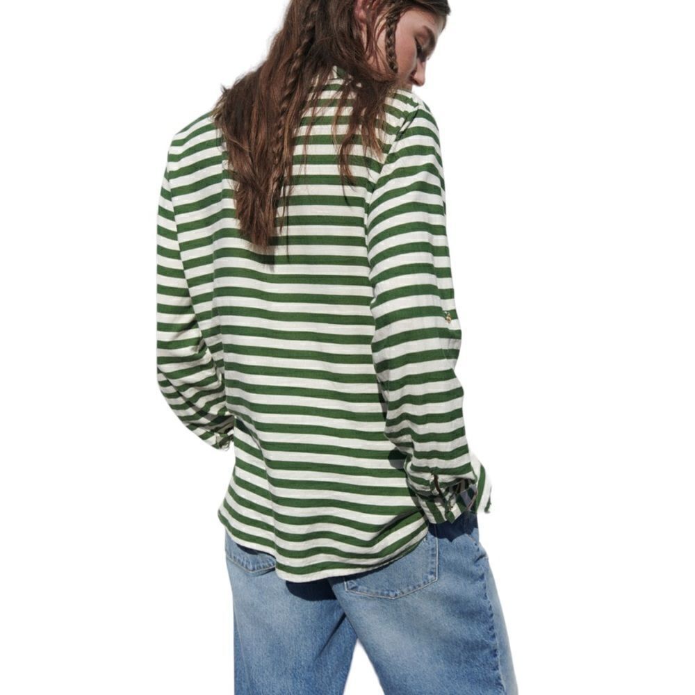 ZARA | Ecru / Khaki | LINEN BLEND TAB SLEEVE SHIRT - Picture 6 of 9